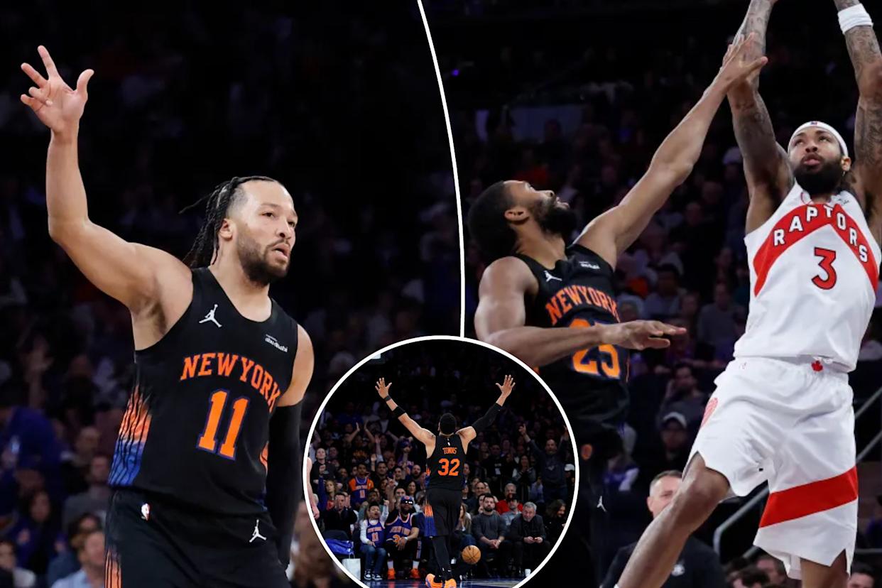 An image collage containing 3 images, Image 1 shows Jalen Brunson reacts after hitting a three-point shot during the second quarter in a game against the Toronto Raptors at Madison Square Garden in New York, New York, USA, Friday, April 10, 2026. , Image 2 shows Toronto Raptors forward Brandon Ingram puts up a shot as New York Knicks guard Mikal Bridges defends during the third quarter in a game against the Toronto Raptors at Madison Square Garden, Image 3 shows Knicks center Karl-Anthony Towns reacts in the fourth quarter