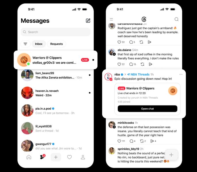 Meta's Threads rolls out Live Chats, which will begin for the NBA Playoffs and Finals, giving users a chance to interact with others in real-time, chatting about the game, sharing photos, and videos.