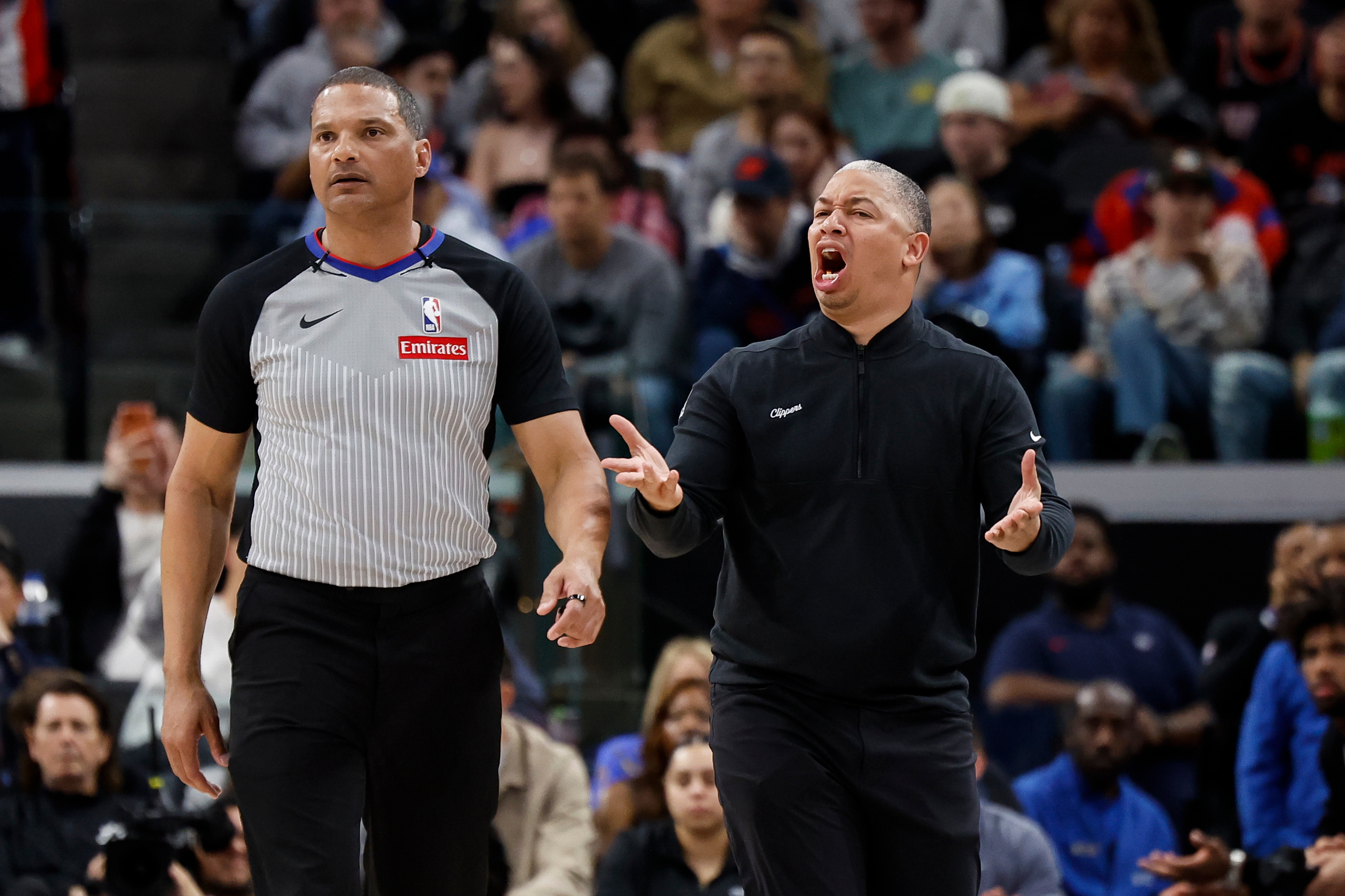 Clippers head coach Tyronn Lue reacts to a call during...