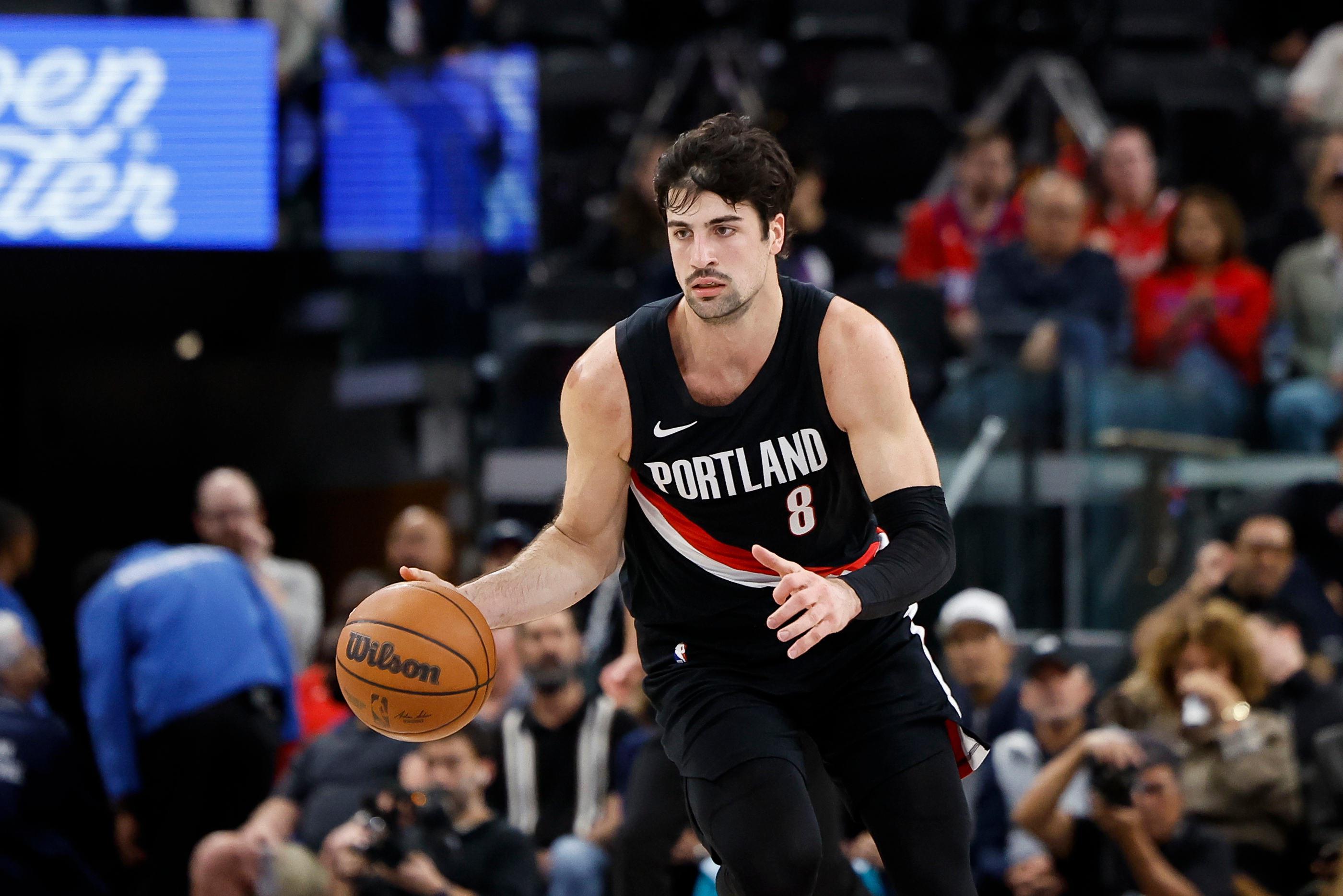 Portland Trail Blazers forward Deni Avdija handles the ball during...