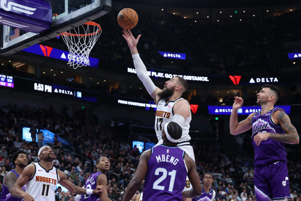 Denver Nuggets center Jonas Valanciunas (17) shoots the ball against the Utah Jazz during the second half of an NBA basketball game, Wednesday, April 1, 2026, in Salt Lake City. (AP Photo/Rob Gray)