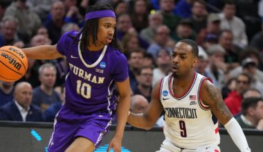 Mar 20, 2026; Philadelphia, PA, USA; Furman Paladins guard Alex Wilkins (10) dribbles the ball past UConn Huskies guard Alec Millender (9) in the second half during a first round game of the men's 2026 NCAA Tournament at Xfinity Mobile Arena. Mandatory Credit: Kyle Ross-Imagn Images