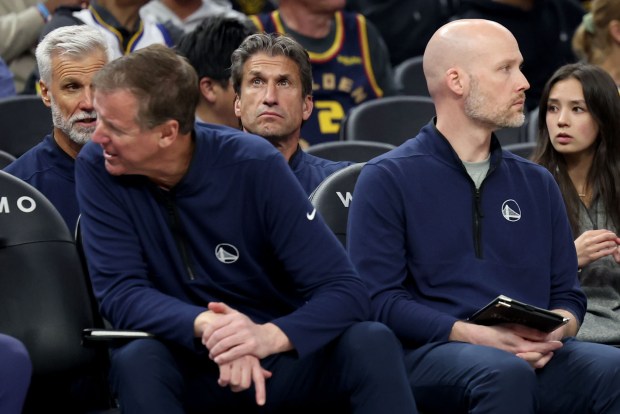 Golden State Warriors director of sports medicine and performance Rick Celebrini looks on during the second quarter of an NBA game against the Sacramento Kings at Chase Center in San Francisco, Calif., Tuesday, April 7, 2026. (Ray Chavez/Bay Area News Group)