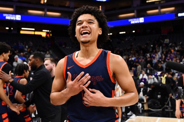 Roosevelt's Brayden Burries (5) celebrates after defeating Archbishop Riordan during their 2025 CIF State Basketball Championship Open Division boys game at Golden 1 Center in Sacramento, Calif., on Saturday, March 15, 2025. Roosevelt defeats Archbishop Riordan 80-60. (Jose Carlos Fajardo/Bay Area News Group)