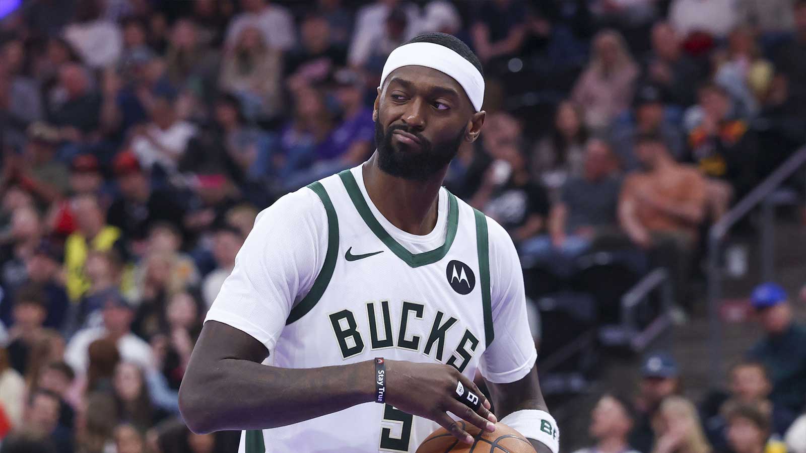 Milwaukee Bucks forward Bobby Portis (9) reacts after a play against the Utah Jazz during the second half at Delta Center.