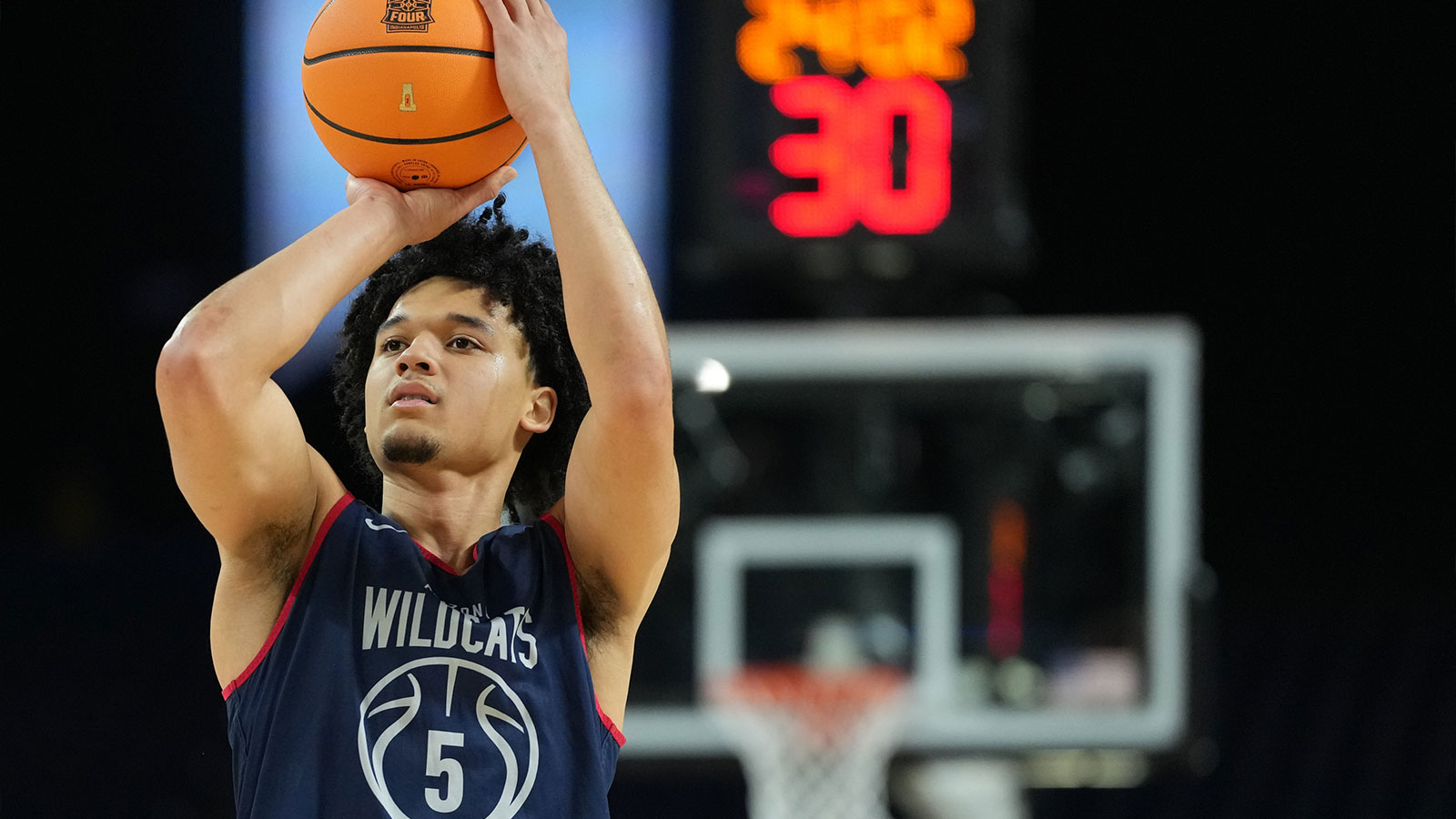  Arizona Wildcats guard Brayden Burries (5) shoots the ball during a practice session ahead of the Final Four of the men's 2026 NCAA Tournament at Lucas Oil Stadium. 