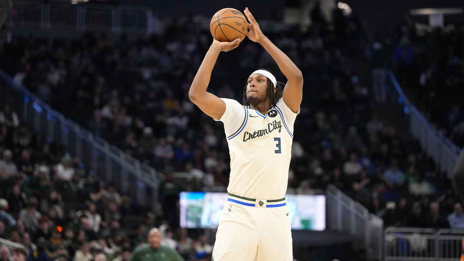 Bucks center Myles Turner (3) shoots during the third quarter against the San Antonio Spurs at Fiserv Forum