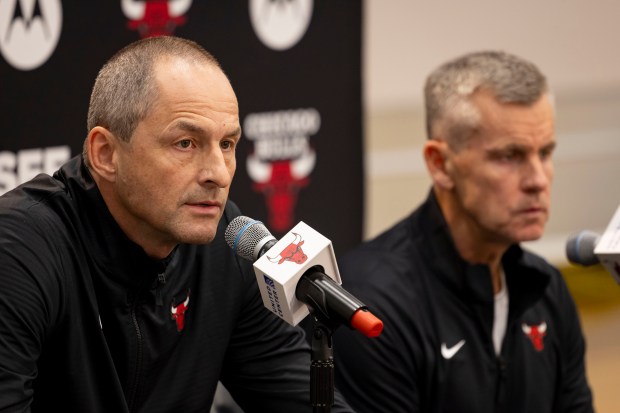 Artūras Karnišovas, Chicago Bulls executive vice president of basketball operations, speaks alongside coach Billy Donovan on Monday, Sept. 30, 2024, during Bulls media day at the Advocate Center. (Brian Cassella/Chicago Tribune)