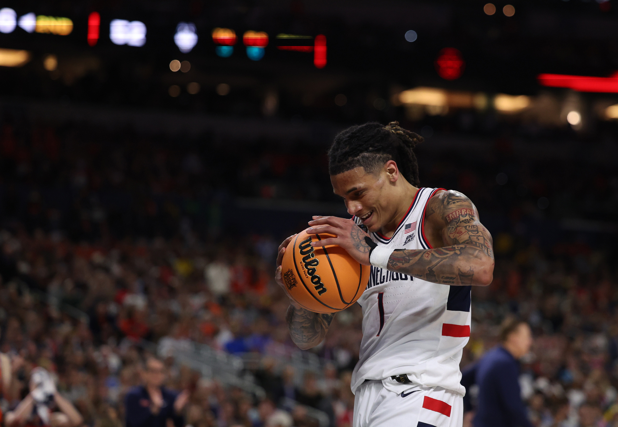 UConn guard Solo Ball reacts after being called for a...