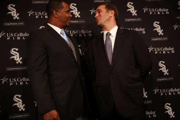 White Sox general manager Ken Williams, left, is promoted to executive vice president and Rick Hahn as the club's new GM on Oct. 26, 2012, at U.S. Cellular Field. (E. Jason Wambsgans/Chicago Tribune)