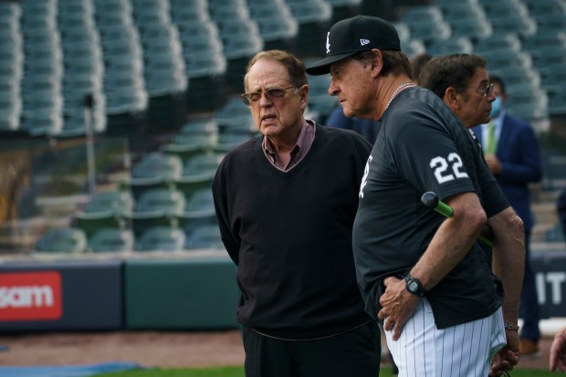 White Sox Chairman Jerry Reinsdorf, left, talks with manager Tony La Russa before Game 3 of the American League Division Series against the Astros on Oct. 10 2021, at Guaranteed Rate Field. (Armando L. Sanchez/Chicago Tribune)