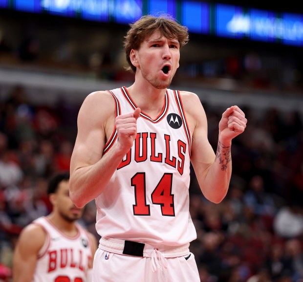 Chicago Bulls forward Matas Buzelis (14) reacts to a call in the first half of a game against the Indiana Pacers at the United Center in Chicago on April 1, 2026. (Chris Sweda/Chicago Tribune)