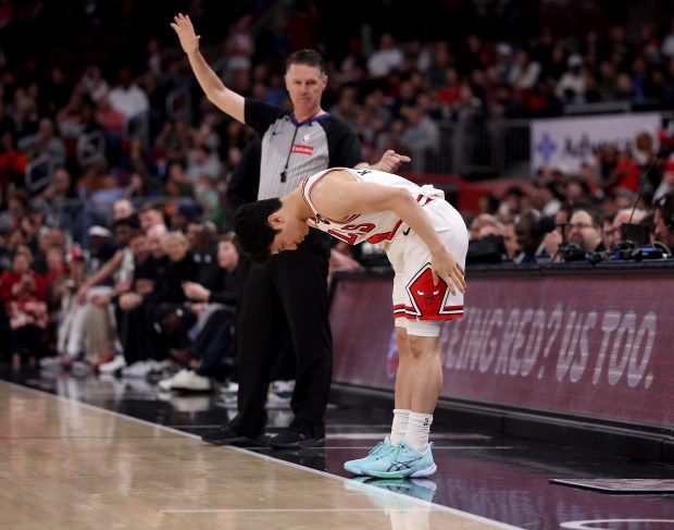 Chicago Bulls guard Yuki Kawamura (8) enters the game in the first half against the Indiana Pacers at the United Center in Chicago on April 1, 2026. (Chris Sweda/Chicago Tribune)