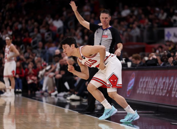 Chicago Bulls guard Yuki Kawamura (8) enters the game in the first half against the Indiana Pacers at the United Center in Chicago on April 1, 2026. (Chris Sweda/Chicago Tribune)