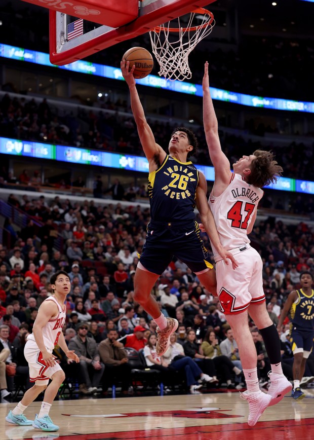 Indiana Pacers guard Ben Sheppard (26) drives on Chicago Bulls center Lachlan Olbrich (47) in the first half of a game at the United Center in Chicago on April 1, 2026. (Chris Sweda/Chicago Tribune)