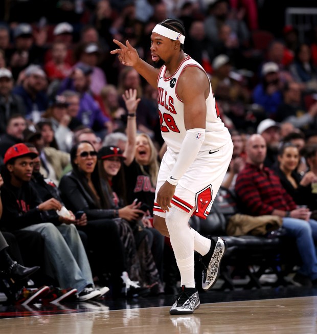 Chicago Bulls forward Guerschon Yabusele (28) celebrates after hitting a 3-pointer in the first half of a game against the Indiana Pacers at the United Center in Chicago on April 1, 2026. (Chris Sweda/Chicago Tribune)