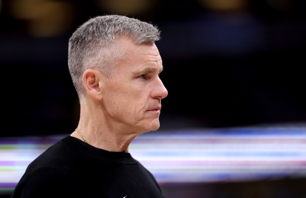 Chicago Bulls head coach Billy Donovan walks along the sideline in the second half of a game against the Indiana Pacers at the United Center in Chicago on April 1, 2026. (Chris Sweda/Chicago Tribune)