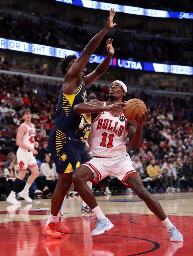 Chicago Bulls forward Leonard Miller (11) drives to the hoop in the second half of a game against the Indiana Pacers at the United Center in Chicago on April 1, 2026. (Chris Sweda/Chicago Tribune)