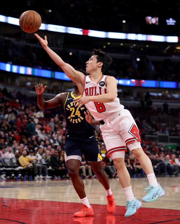 Chicago Bulls guard Yuki Kawamura (8) puts up a shot in the second half of a game against the Indiana Pacers at the United Center in Chicago on April 1, 2026. (Chris Sweda/Chicago Tribune)