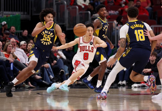 Chicago Bulls guard Yuki Kawamura (8) runs around a screen in the second half of a game against the Indiana Pacers at the United Center in Chicago on April 1, 2026. (Chris Sweda/Chicago Tribune)