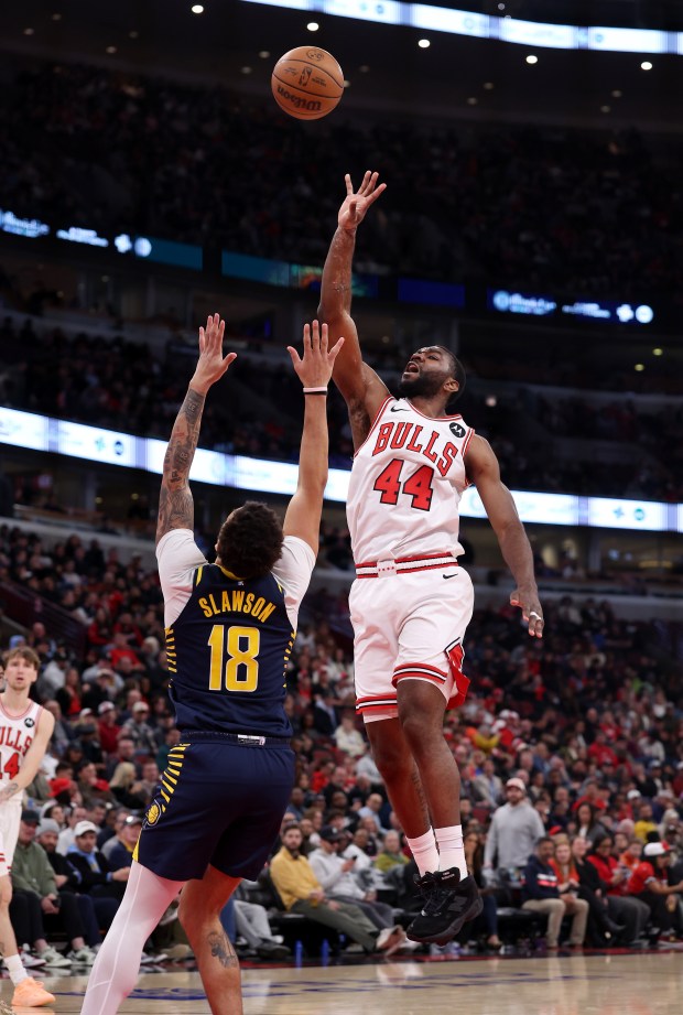 Chicago Bulls forward Patrick Williams (44) shoots over Indiana Pacers forward Jalen Slawson (18) in the second half of a game at the United Center in Chicago on April 1, 2026. (Chris Sweda/Chicago Tribune)