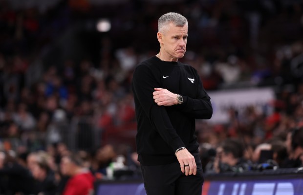 Chicago Bulls head coach Billy Donovan walks along the bench in the second half of a game against the Indiana Pacers at the United Center in Chicago on April 1, 2026. (Chris Sweda/Chicago Tribune)