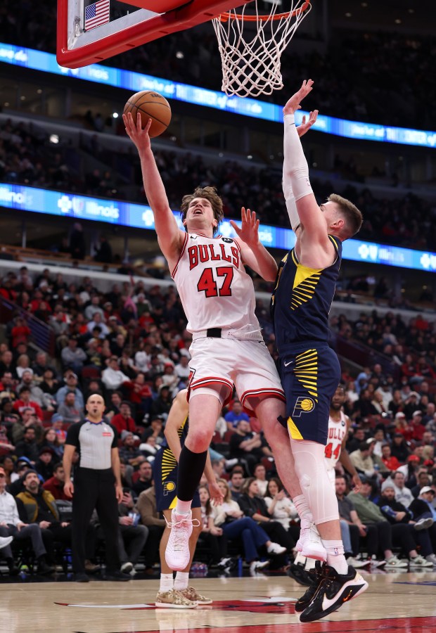 Chicago Bulls center Lachlan Olbrich (47) drives to the hoop in the second half of a game against the Indiana Pacers at the United Center in Chicago on April 1, 2026. (Chris Sweda/Chicago Tribune)