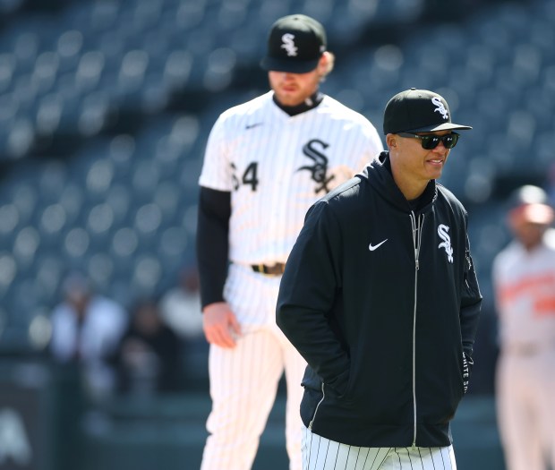 Chicago White Sox manager Will Venable walks back to the dugout after checking on starting pitcher Shane Smith who had a ball struck off of him in the third inning of a game against the Baltimore Orioles at Rate Field in Chicago on April 7, 2026. (Chris Sweda/Chicago Tribune)