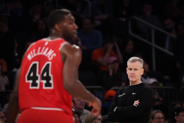 Bulls coach Billy Donovan, right, looks on during the second half of a 136-96 loss to the Knicks on Friday, April 3, 2026, in New York. (Heather Khalifa/AP)