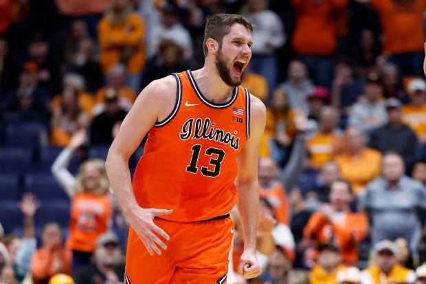 Illinois' Tomislav Ivišić reacts after a basket during the first half against Tennessee in the Music City Madness at Bridgestone Arena on Dec. 6, 2025, in Nashville, Tenn. Ivišić scored 16 points in the Illini's 75-62 win. (Johnnie Izquierdo/Getty)
