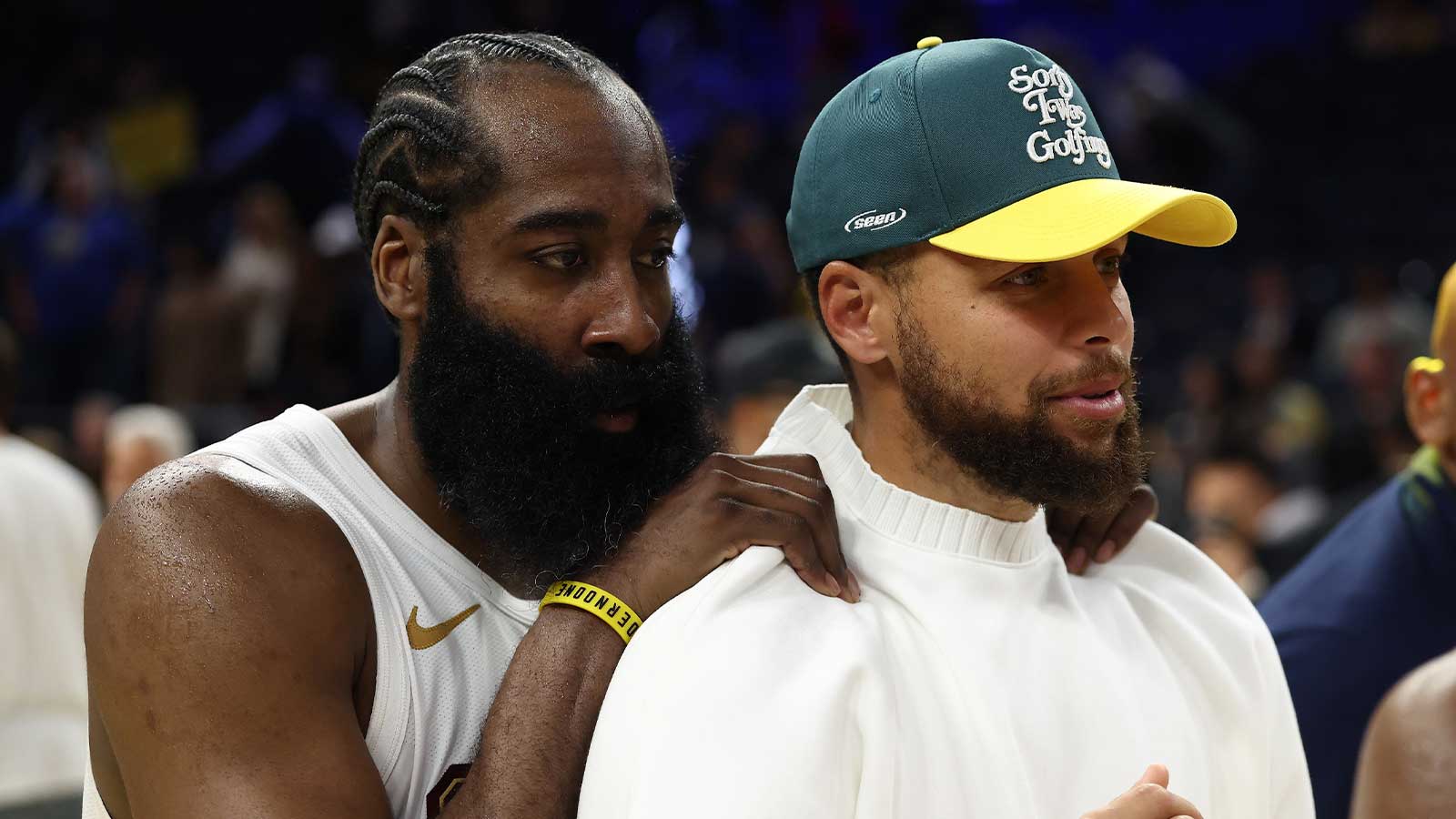 Cleveland Cavaliers guard James Harden (left) with Golden State Warriors guard Stephen Curry (right) after the game at Chase Center. 