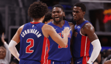 Cade Cunningham, Isaiah Stewart and Jalen Duren of the Detroit Pistons.
