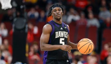 Mar 10, 2026; Kansas City, MO, USA; Baylor Bears guard Tounde Yessoufou (24) drives against Arizona State Sun Devils guard Noah Meeusen (15) during the second half at T-Mobile Center. Mandatory Credit: William Purnell-Imagn Images
