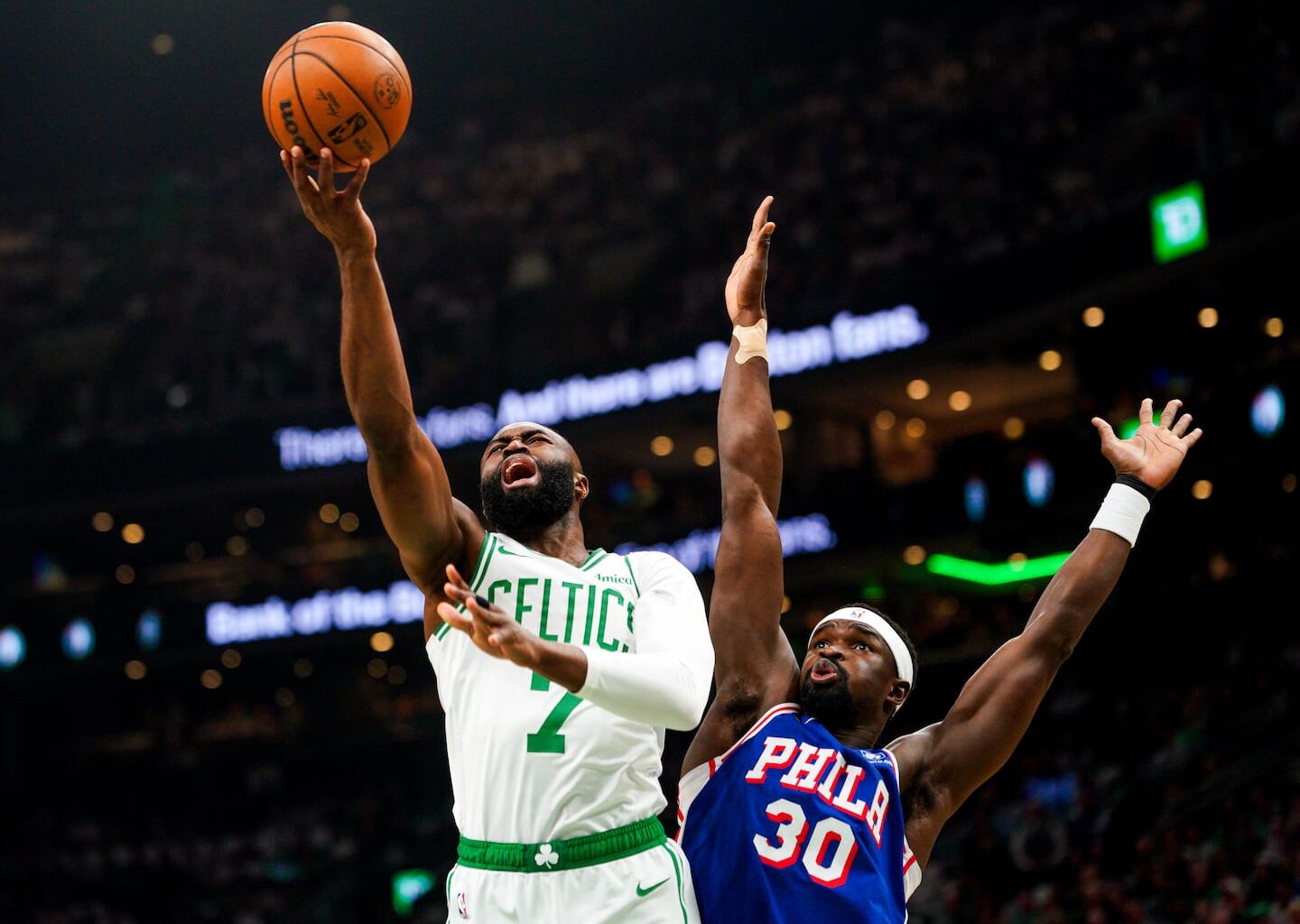 Jaylen Brown drives to the basket for two of his 26 points on Sunday.