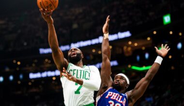 Jaylen Brown drives to the basket for two of his 26 points on Sunday.