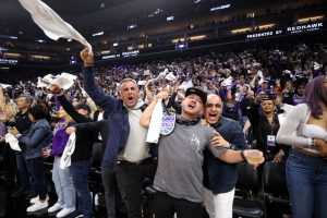 Sacramento Kings fans cheer on their team before they play the Golden State Warriors in Game Two of the Western Conference First Round Playoffs at Golden 1 Center on April 17, 2023 in Sacramento, California.
