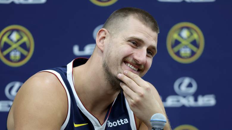 Denver Nuggets center Nikola Jokic answers questions at a press conference