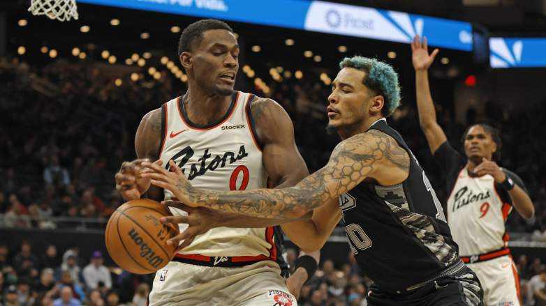 Detroit Pistons center Jalen Duren guarded by San Antonio Spurs forward Jeremy Sochan
