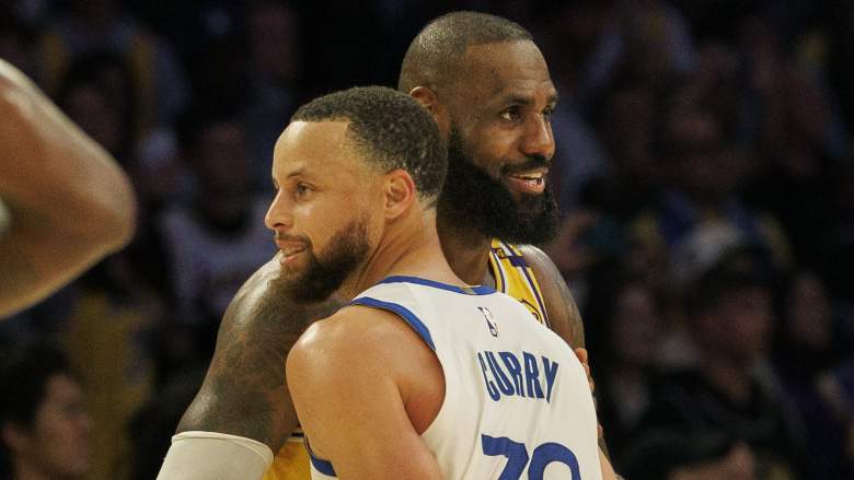 Los Angeles Lakers forward LeBron James (23) and Golden State Warriors guard Stephen Curry (30) embrace after the Warriors win over the Lakers at Crypto.com Arena on April 3, 2025 in Los Angeles, California.