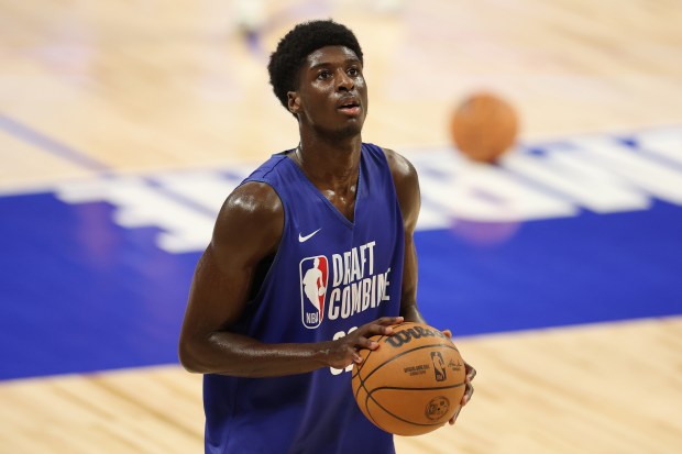 Drake Powell takes part in a shooting drill during the 2025 NBA Draft Combine at Wintrust Arena in Chicago on May 13, 2025.