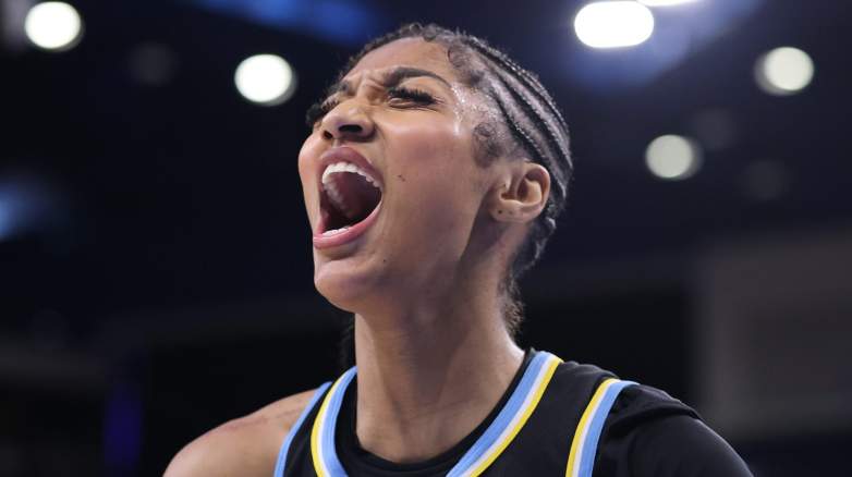 Angel Reese reacts during a WNBA game before her trade from the Chicago Sky to the Atlanta Dream