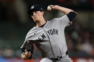 BALTIMORE, MD - SEPTEMBER 18: Max Fried #54 of the New York Yankees pitches against the Baltimore Orioles during the third inning at Oriole Park at Camden Yards on September 18, 2025 in Baltimore, Maryland.