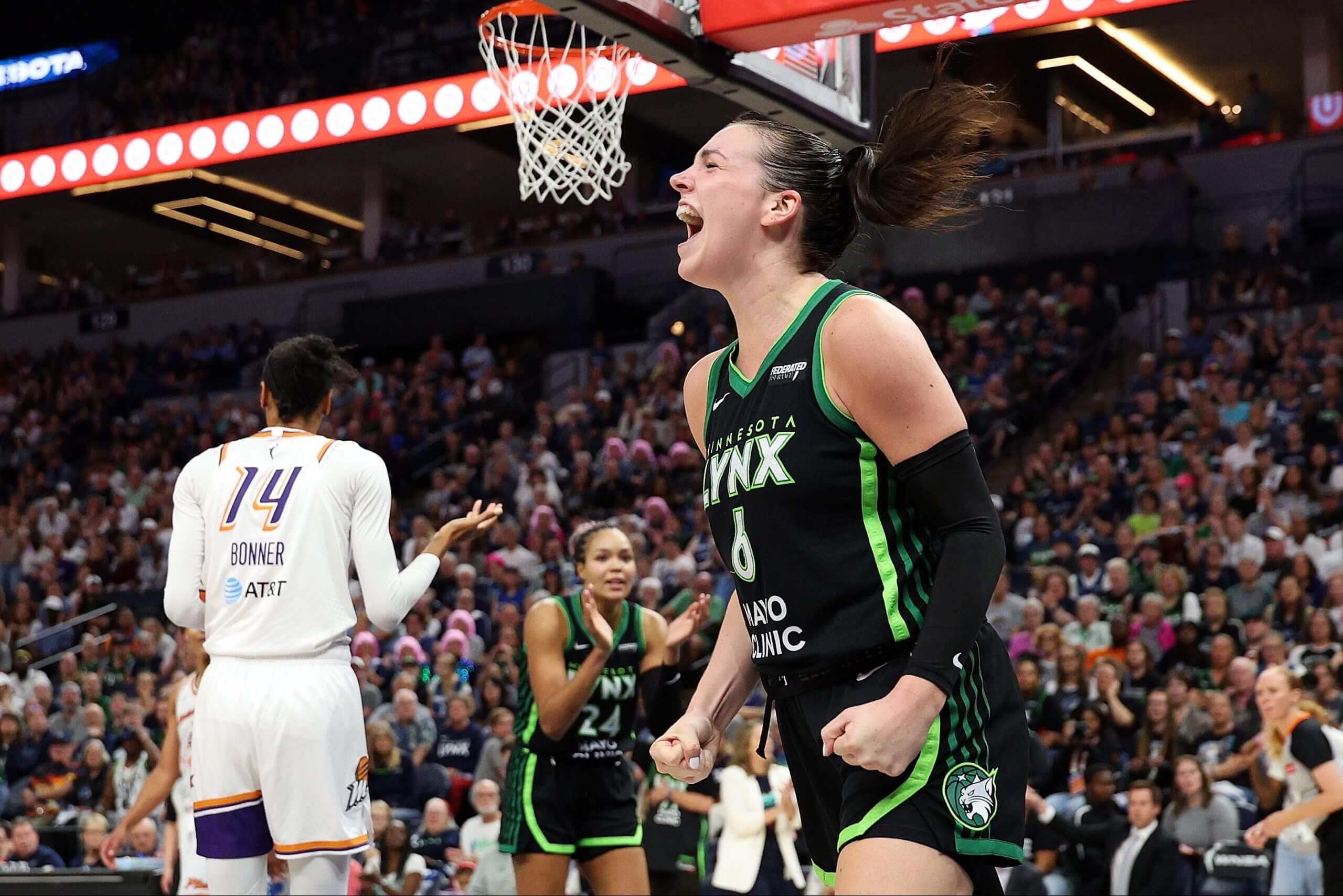Bridget Carleton of the Lynx reacts during a game.