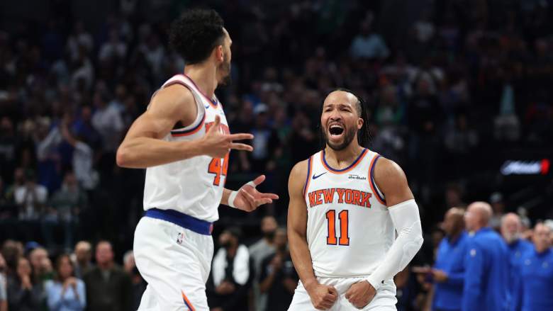 Jalen Brunson of the New York Knicks reacts to a three point shot by Landry Shamet