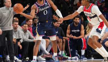 PHILADELPHIA, PA - DECEMBER 2: Tyrese Maxey #0 of the Philadelphia 76ers passes the ball as Bilal Coulibaly #0 of the Washington Wizards plays defense during the game on December 2, 2025 at the Wells Fargo Center in Philadelphia, Pennsylvania NOTE TO USER: User expressly acknowledges and agrees that, by downloading and/or using this Photograph, user is consenting to the terms and conditions of the Getty Images License Agreement. Mandatory Copyright Notice: Copyright 2025 NBAE (Photo by Jesse D. Garrabrant/NBAE via Getty Images)
