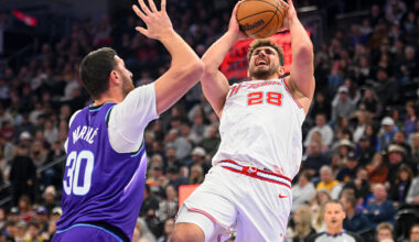 SALT LAKE CITY, UTAH - DECEMBER 01: Alperen Sengun #28 of the Houston Rockets shoots over Jusuf Nurkic #30 of the Utah Jazz during the first half of the game at Delta Center on December 01, 2025 in Salt Lake City, Utah. NOTE TO USER: User expressly acknowledges and agrees that, by downloading and or using this photograph, User is consenting to the terms and conditions of the Getty Images License Agreement. (Photo by Alex Goodlett/Getty Images)