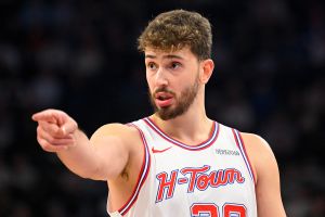 SALT LAKE CITY, UTAH - DECEMBER 01: Alperen Sengun #28 of the Houston Rockets gestures during the first half of a game against the Utah Jazz at Delta Center on December 01, 2025 in Salt Lake City, Utah.
