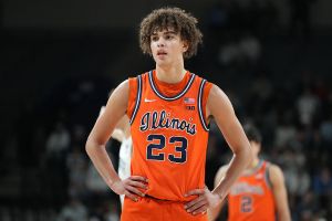 PHILADELPHIA, PA- JANUARY 03: Keaton Wagler #23 of the Illinois Fighting Illini looks on during a college basketball game against the Penn State Nittany Lions at the Palestra on January 3, 2026 in Philadelphia, Pennsylvania. (Photo by Mitchell Layton/Getty Images)