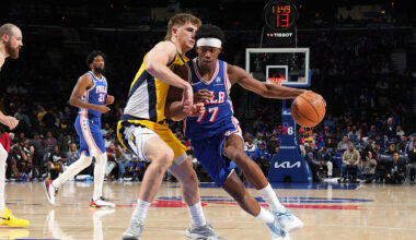 PHILADELPHIA, PA - JANUARY 19: VJ Edgecombe #77 of the Philadelphia 76ers dribbles the ball during the game against the Indiana Pacers on January 19, 2026 at the Wells Fargo Center in Philadelphia, Pennsylvania NOTE TO USER: User expressly acknowledges and agrees that, by downloading and/or using this Photograph, user is consenting to the terms and conditions of the Getty Images License Agreement. Mandatory Copyright Notice: Copyright 2026 NBAE (Photo by Jesse D. Garrabrant/NBAE via Getty Images)