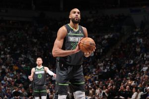 MINNEAPOLIS, MN - JANUARY 26: Rudy Gobert #27 of the Minnesota Timberwolves shoots a free throw during the game against the Golden State Warriors on January 26, 2026 at Target Center in Minneapolis, Minnesota. NOTE TO USER: User expressly acknowledges and agrees that, by downloading and or using this Photograph, user is consenting to the terms and conditions of the Getty Images License Agreement. Mandatory Copyright Notice: Copyright 2026 NBAE (Photo by David Sherman/NBAE via Getty Images)